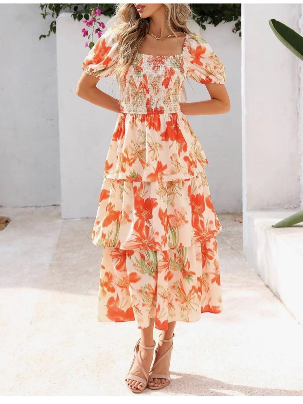 NWT Orange Floral Tiered Maxi Dress & Puff Sleeves-S